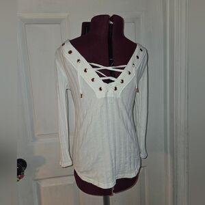 Free People Small White Ribbed Lace-Up V-Neck Top with Gold Detail